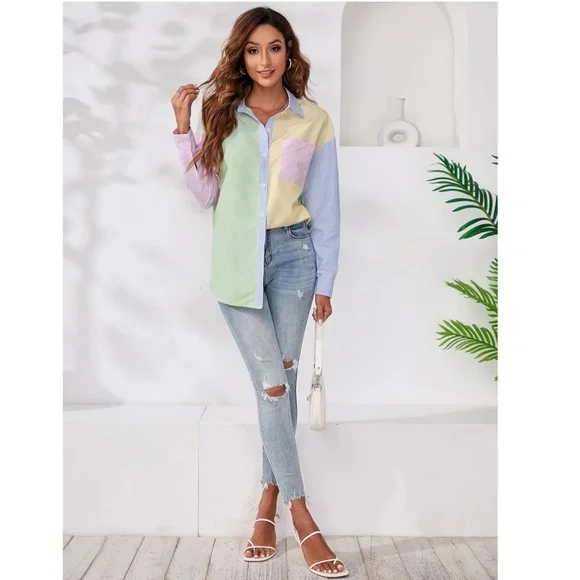 Multicolor Striped Casual Oversized Button Down Shirt (Blue, Green, Yellow, Pink - Picture 3 of 8